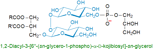 Formula of 1,2-diacyl-3-[6'-(sn-glycero-1-phospho)-apha-D-kojibiosyl]-sn-glycerol