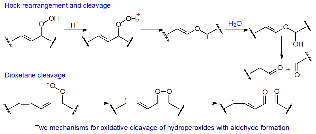 Mechanisms for hydroperoxide cleavage and aldehyde formation