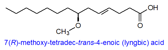 Structural formula of 7-methoxy,tetradec-trans-4-enoic (lyngbic) acid