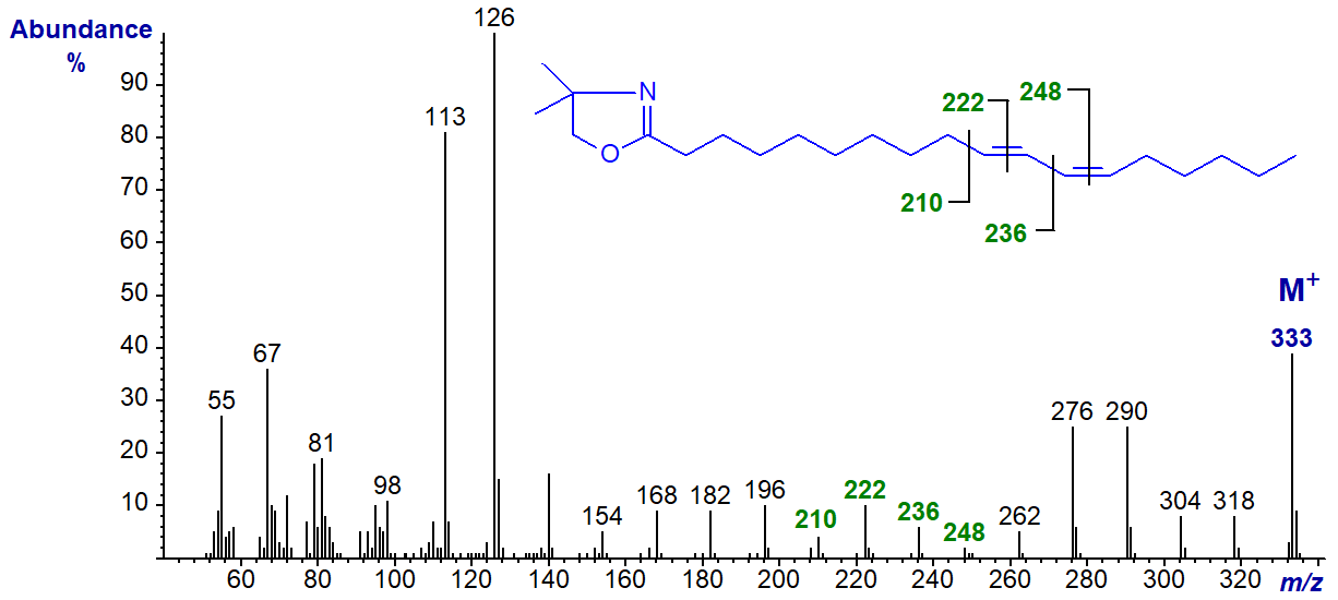 Mass spectrum of the DMOX derivative of 10-trans,12-cis-octadecadienoate