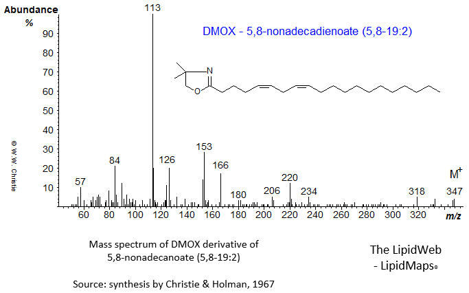 Mass spectrum of DMOX of 5,8-nonadecadienoate (5,8-19:2)