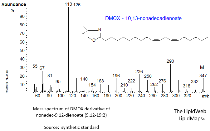 Mass spectrum of of DMOX of 10,13-nonadecadienoate (10,13-19:2)