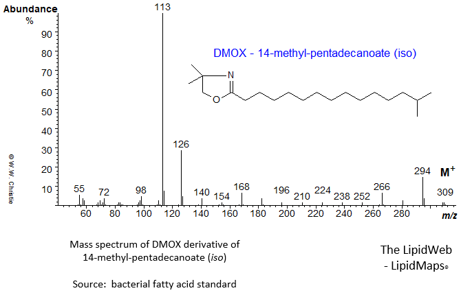 Mass spectrum of DMOX of 14-methyl-pentadecanoate (iso)