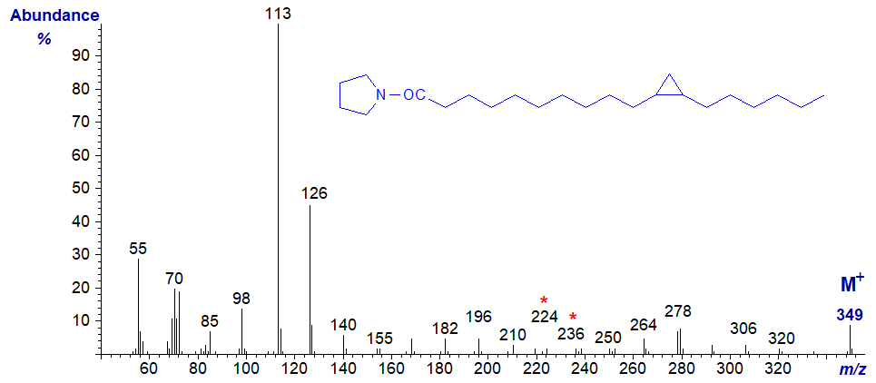 Mass spectrum of the pyrrolide of 11,12-methylene-octadecanoate