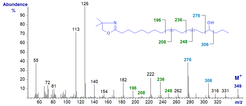 Mass spectrum of the DMOX derivative of 15-hydroxy-linoleate