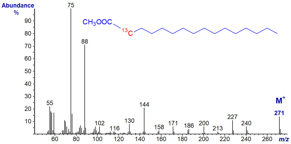 Mass spectrum of methyl 2-13C-hexadecanoate