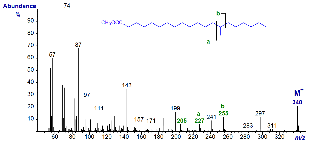 Mass spectrum of methyl 14-methyl-eicosanoate