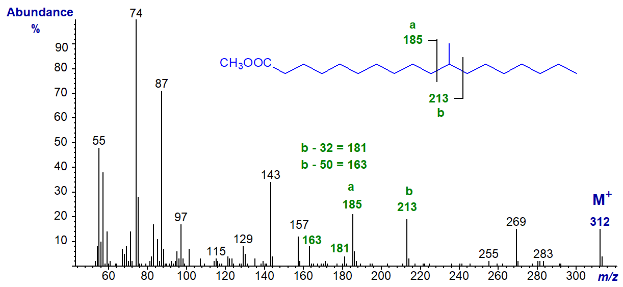 Mass spectrum of methyl 11-methyl-octadecanoate
