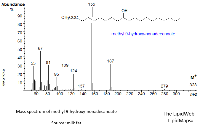 Mass spectrum of methyl 9-hydroxy-nonadecanoate