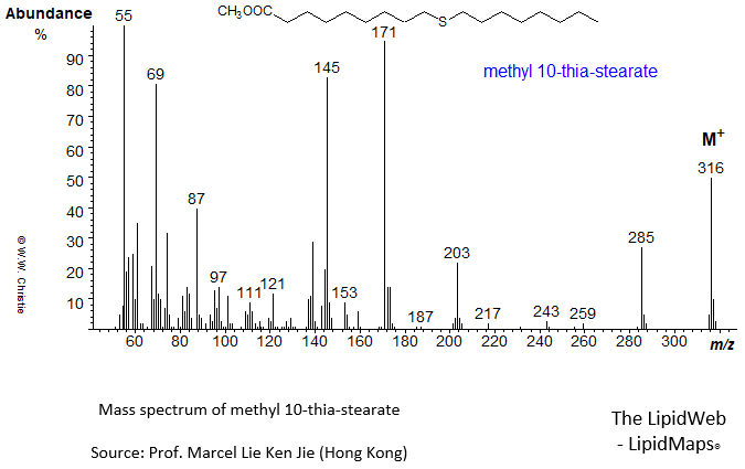 Mass spectrum of methyl 10-thia-stearate