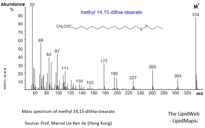 Mass spectrum of methyl 14,15-dithia-stearate