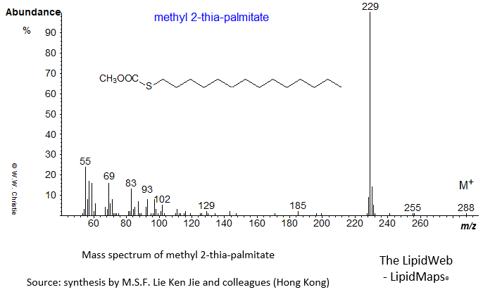 Mass spectrum of methyl 2-thia-palmitate