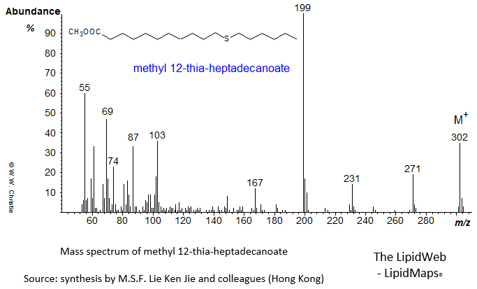 Mass spectrum of methyl 12-thia-heptadecanoate