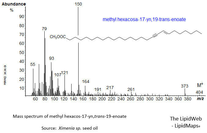Mass spectrum of methyl hexacos-17-yn,trans-19-enoate