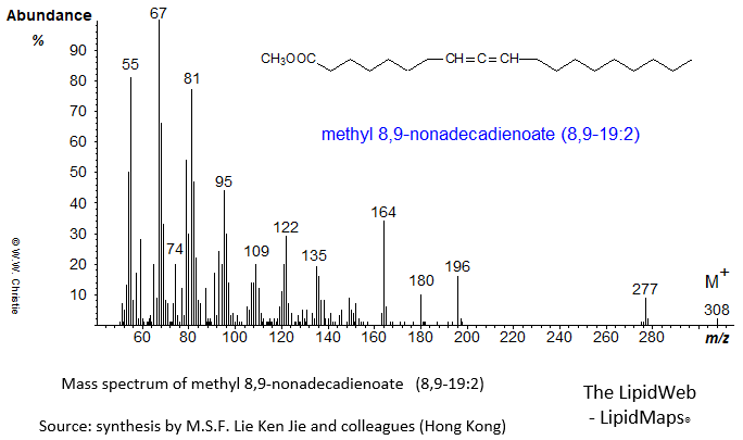 Mass spectrum of 8,9-nonadecadienoate (8,9-19:2)