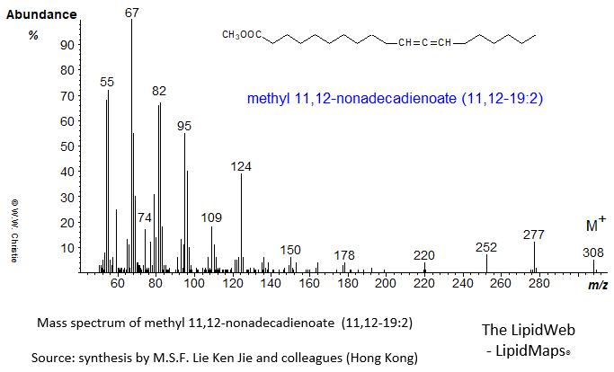 Mass spectrum of 11,12-nonadecadienoate (11,12-19:2)