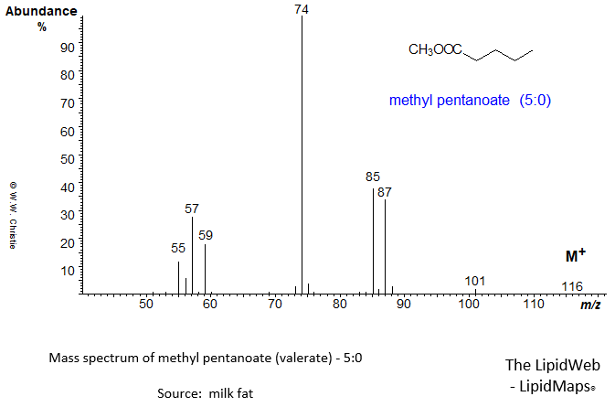 Mass spectrum of methyl pentanoate (valerate) - 5:0