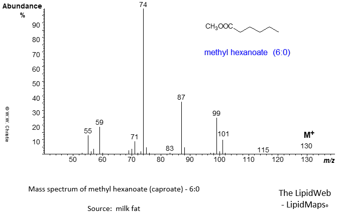 Mass spectrum of methyl hexanoate (caproate - 6:0)