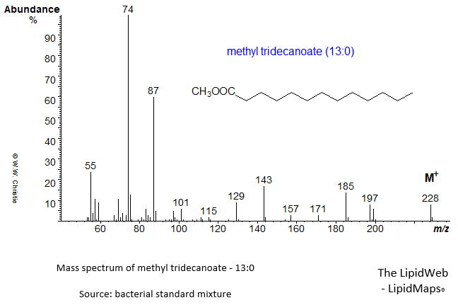 Mass spectrum of methyl tridecanoate (13:0)