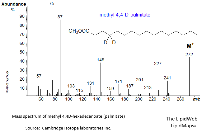 Mass spectrum of methyl 4,4-D-hexadecanoate (16:0)