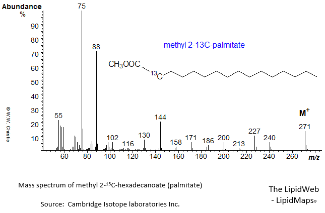 Mass spectrum of methyl 2-13C-hexadecanoate (16:0)