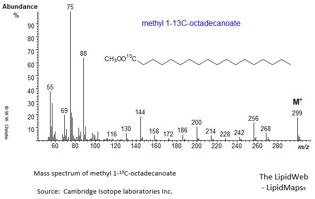 Mass spectrum of methyl 1-13C-octadecanoate (18:0)