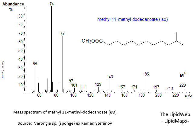 Mass spectrum of methyl 11-methyl-dodecanoate (iso)