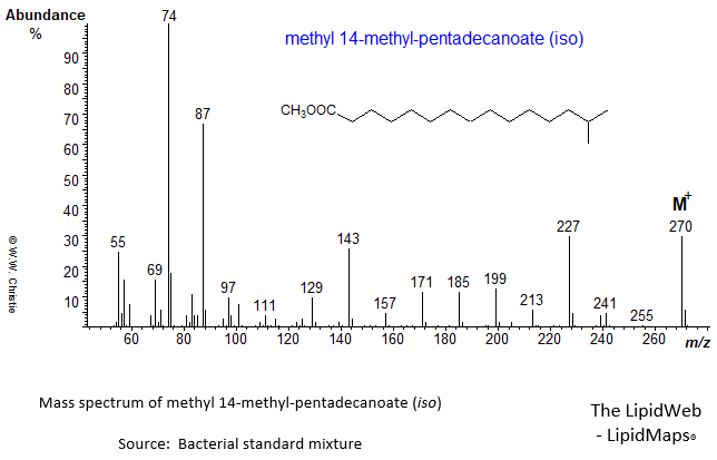 Mass spectrum of methyl 14-methyl-pentadecanoate (iso)