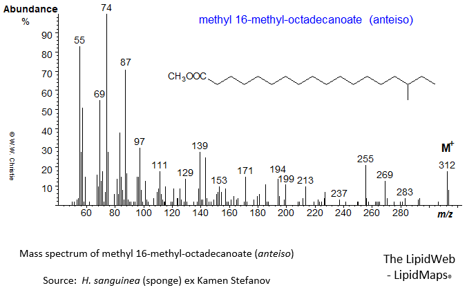 Mass spectrum of methyl 16-methyl-octadecanoate (anteiso)