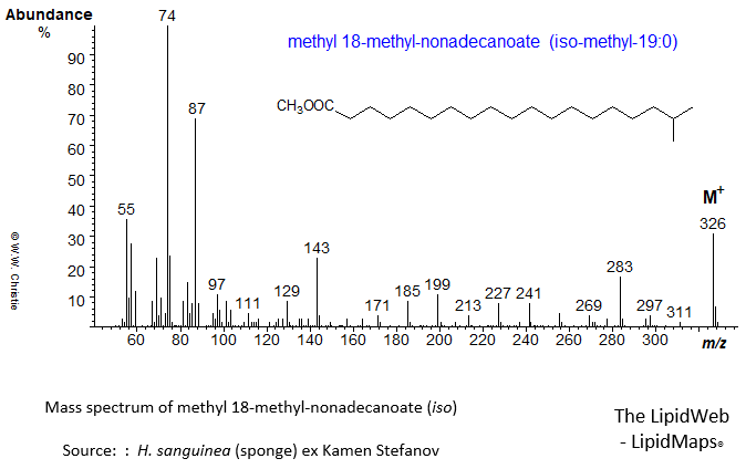 Mass spectrum of methyl 18-methyl-nonadecanoate (iso)