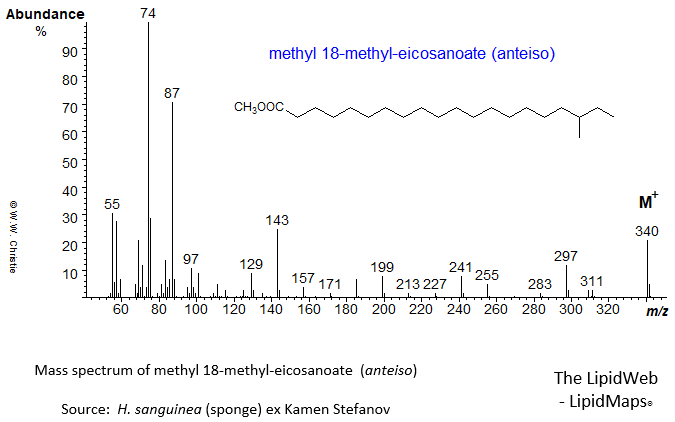 Mass spectrum of methyl 18-methyl-eicosanoate (anteiso)