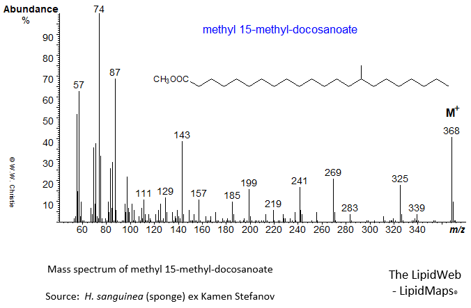 Mass spectrum of methyl 15-methyl-docosanoate
