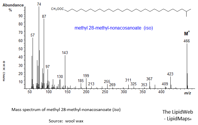 Mass spectrum of methyl 28-methyl-nonacosanoate (iso)