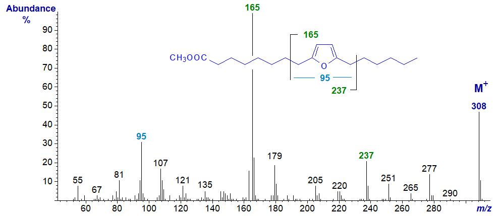 Mass spectrum of methyl 8-(5-hexyl-2-furanyl)-octanoate