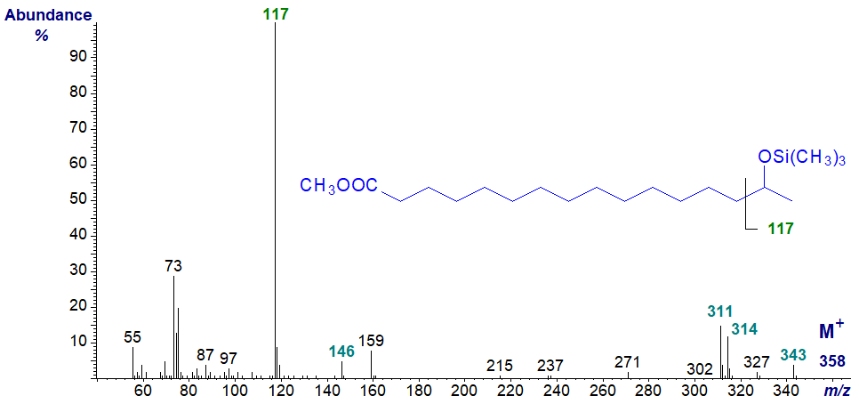 Mass spectrum of TMS ether of methyl 15-hydroxyhexadecanoate