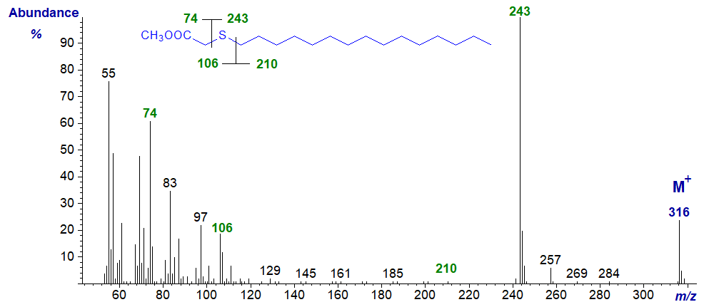 Mass spectrum of methyl 3-thia-stearate