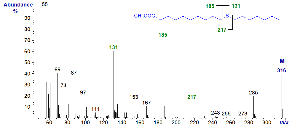 Figure 8. Mass spectrum of methyl 11-thia-stearate Mass spectrum of methyl 11-thia-stearate