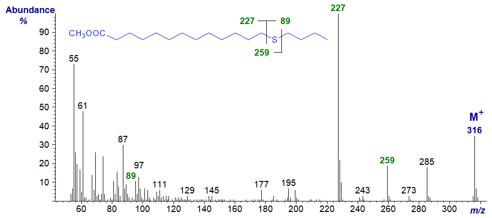 Mass spectrum of methyl 14-thia-stearate