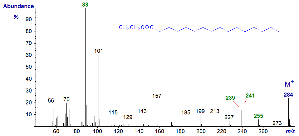 Mass spectrum of ethyl palmitate