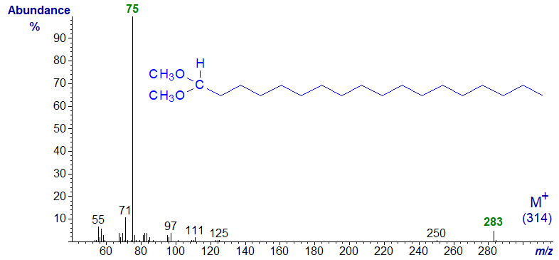 Mass spectrum of the dimethylacetal of octadecan-1-al