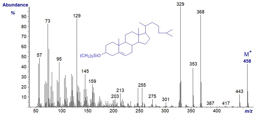 Mass spectrum of trimethylsilyl ether derivative of cholesterol