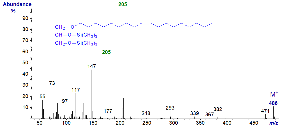 Mass spectrum of 1-O-octadec-9-enylglycerol - bis-trimethylsilyl ether derivative