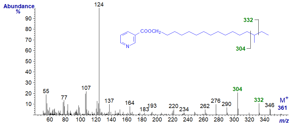 Mass spectrum of the nicotinate derivative of 14-methyl-hexadecanol