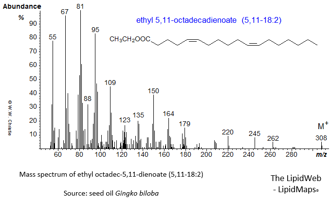 Mass spectrum of ethyl 5,11-octadecadienoate or 5,11-18:2