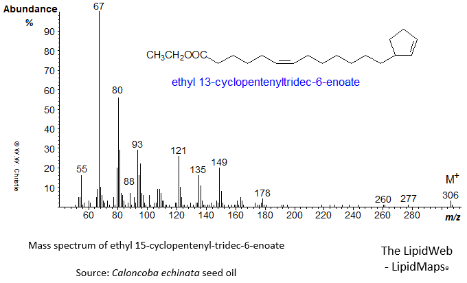 Mass spectrum of ethyl 13-cyclopentenyltridec-6-enoate or gorlate