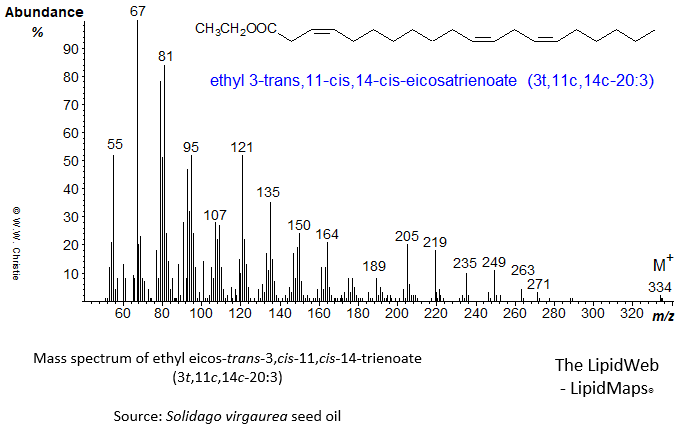 Mass spectrum of ethyl 3-trans,11-cis,14-cis-eicosatrienoate or 3t,11c,14c-20:3