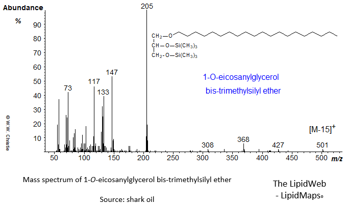 Mass spectrum of eicosanyl (20:0) glycerol ether - bis-trimethylsilyl ether