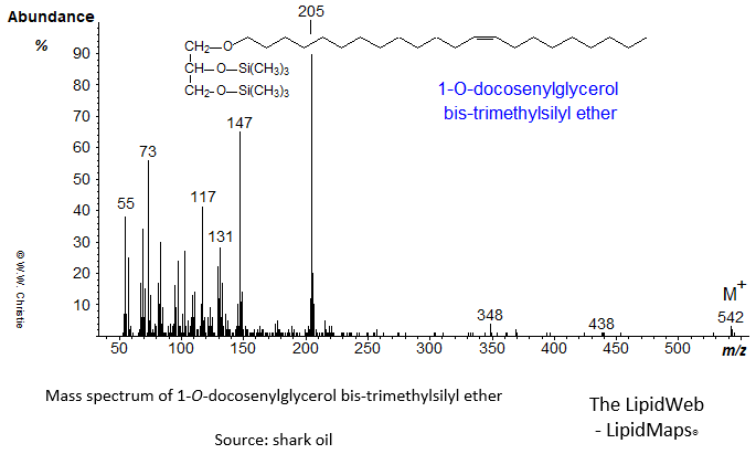 Mass spectrum of docosenyl (22:1) glycerol ether - bis-trimethylsilyl ether