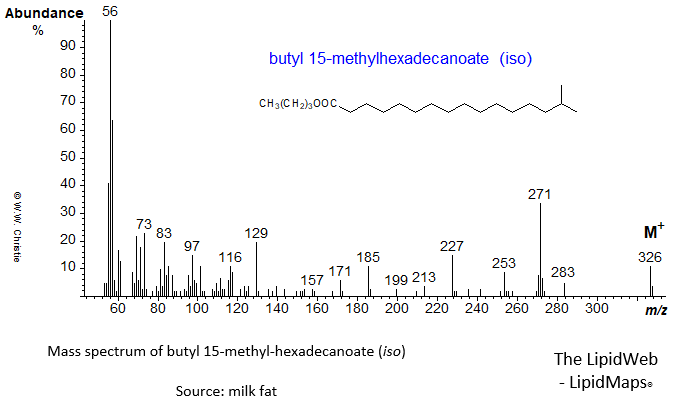 Mass spectrum of butyl 15-methylhexadecanoate (iso)