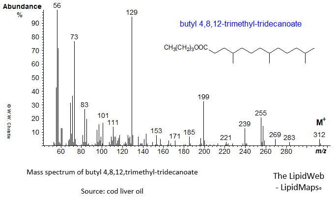 Mass spectrum of butyl 4,8,12-trimethyltridecanoate